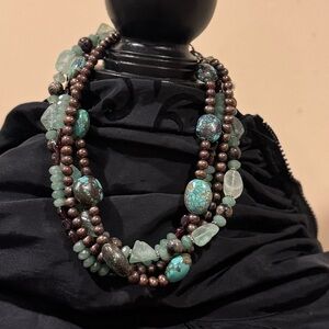 Handmade Turquoise teardrop & bronze pearl necklace, with sterling silver clasp